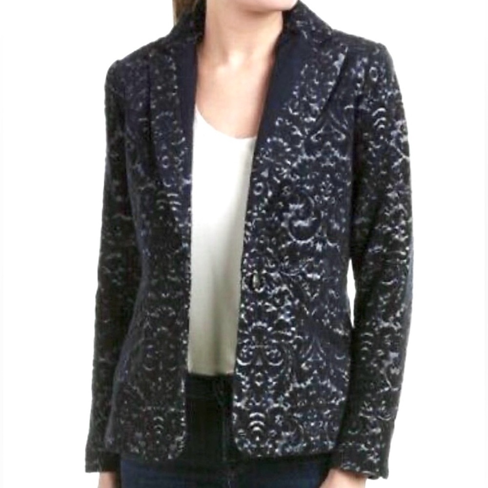 CAbi Blazer Jacket 6 Jacquard Textured Navy Blue Wool Blend Flocked - Picture 5 of 11